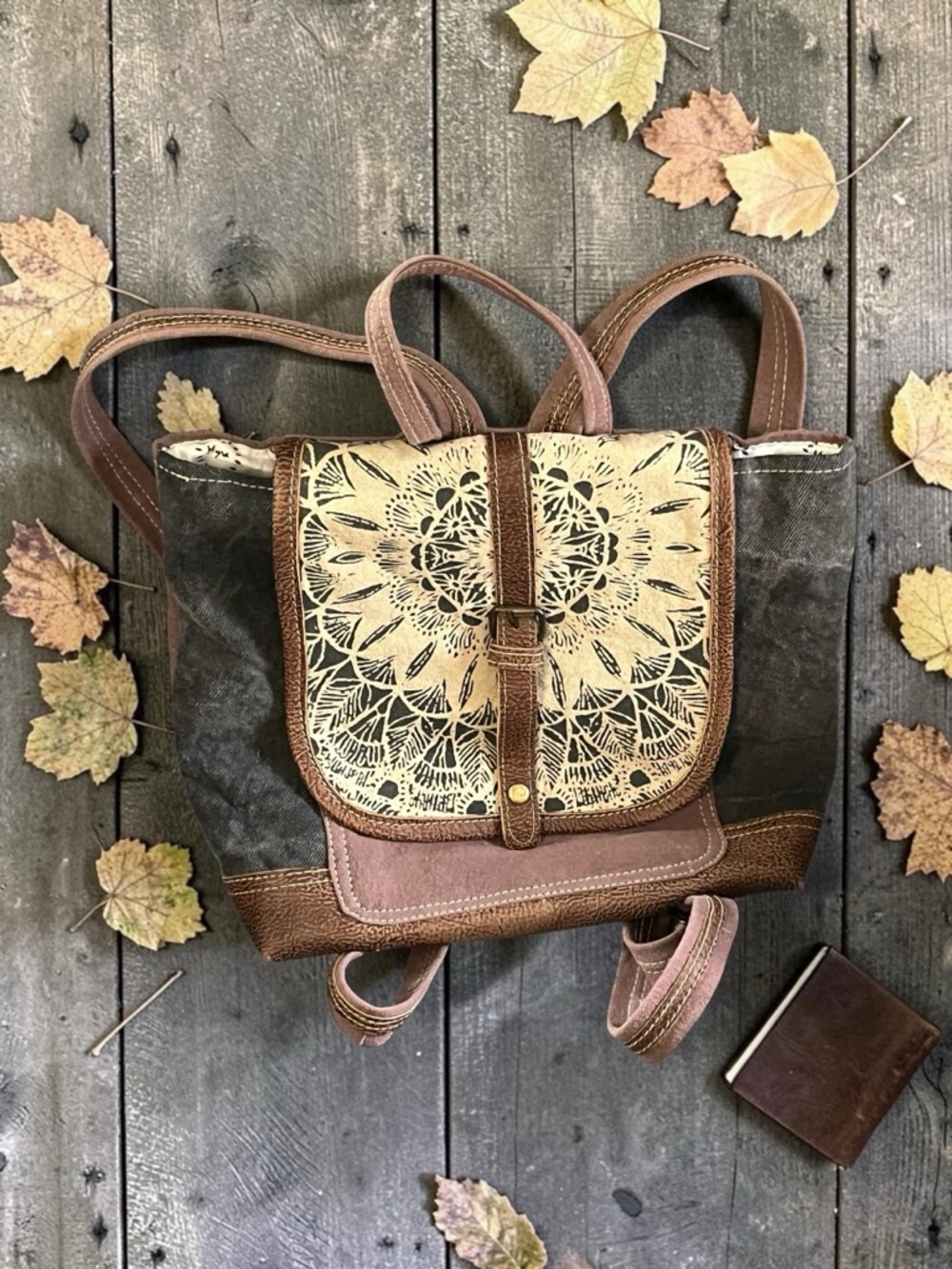 MYRA Western Cottagecore Daisy Delight Cotton & Leather Canvas Backpack Bag